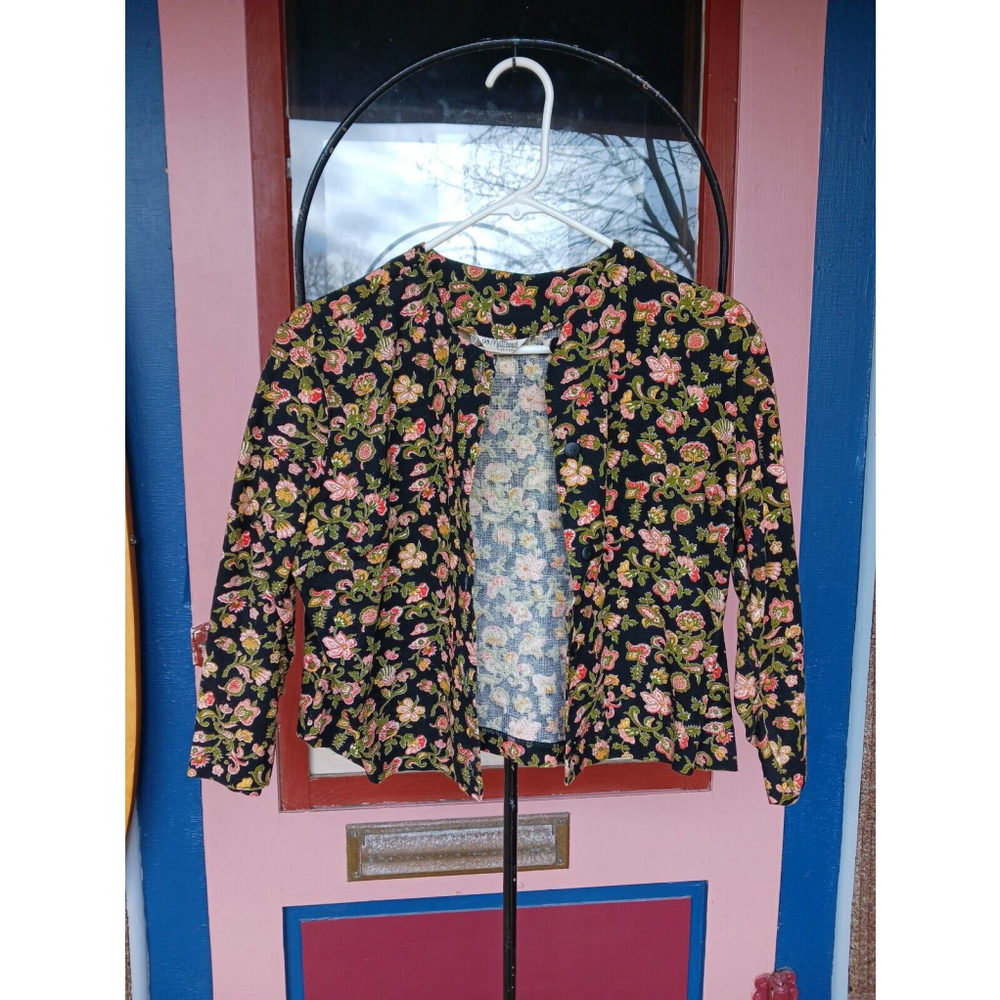 Vintage Bark Cloth Floral Cocktail Jacket Black Size 8 Petite